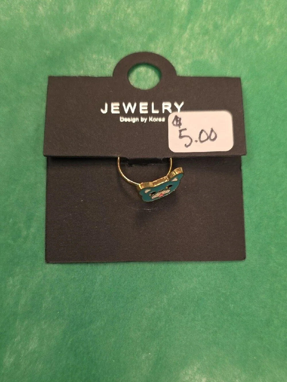 Gold Cat Face Ring in Teal Enamel - Women Jewelry